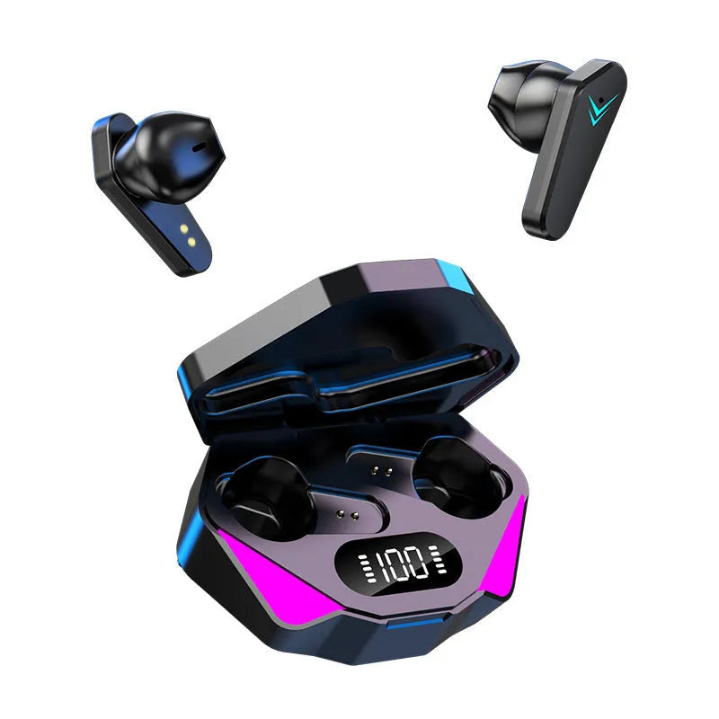 X15 black wireless in-ear Bluetooth gaming headset with charging case.