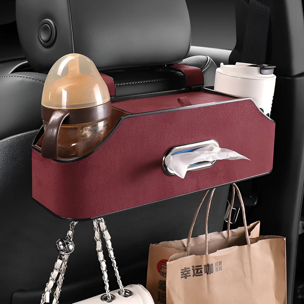 Genuine leather car tissue box holder in one of five colours, showing suspended design.