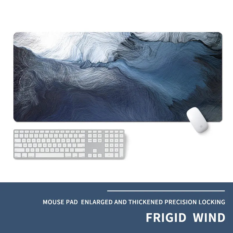 Oversized gaming mouse pad with colourful esports design on natural rubber base, showing extended surface for keyboard and mouse placement
