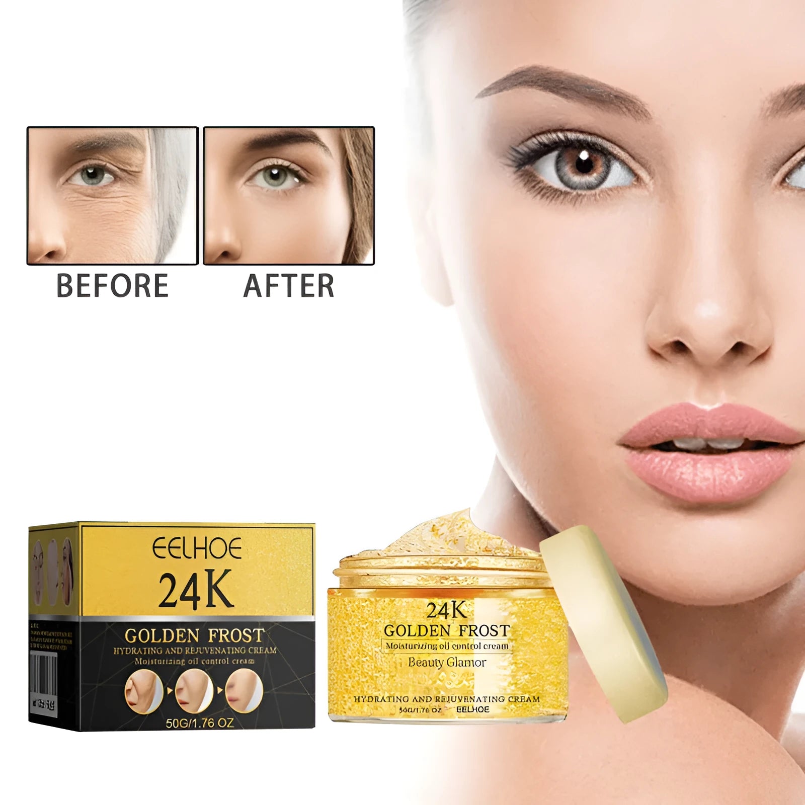 24K gold cream 50g in boxed packaging with ingredients retinol and oligopeptide-1