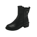 Black women's ankle boots with side zip, round toe, and a low block heel.