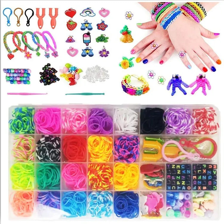Rainbow rubber band hand-woven DIY bracelet kit in a box with 40 grid colour cells and TPR bands