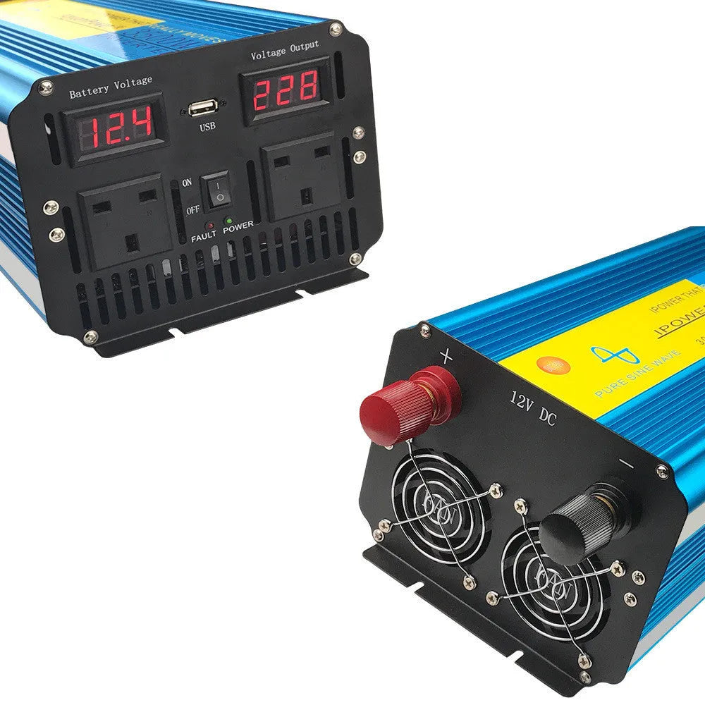 Blue 3000W dual digital display car power inverter with remote control and UK plug.
