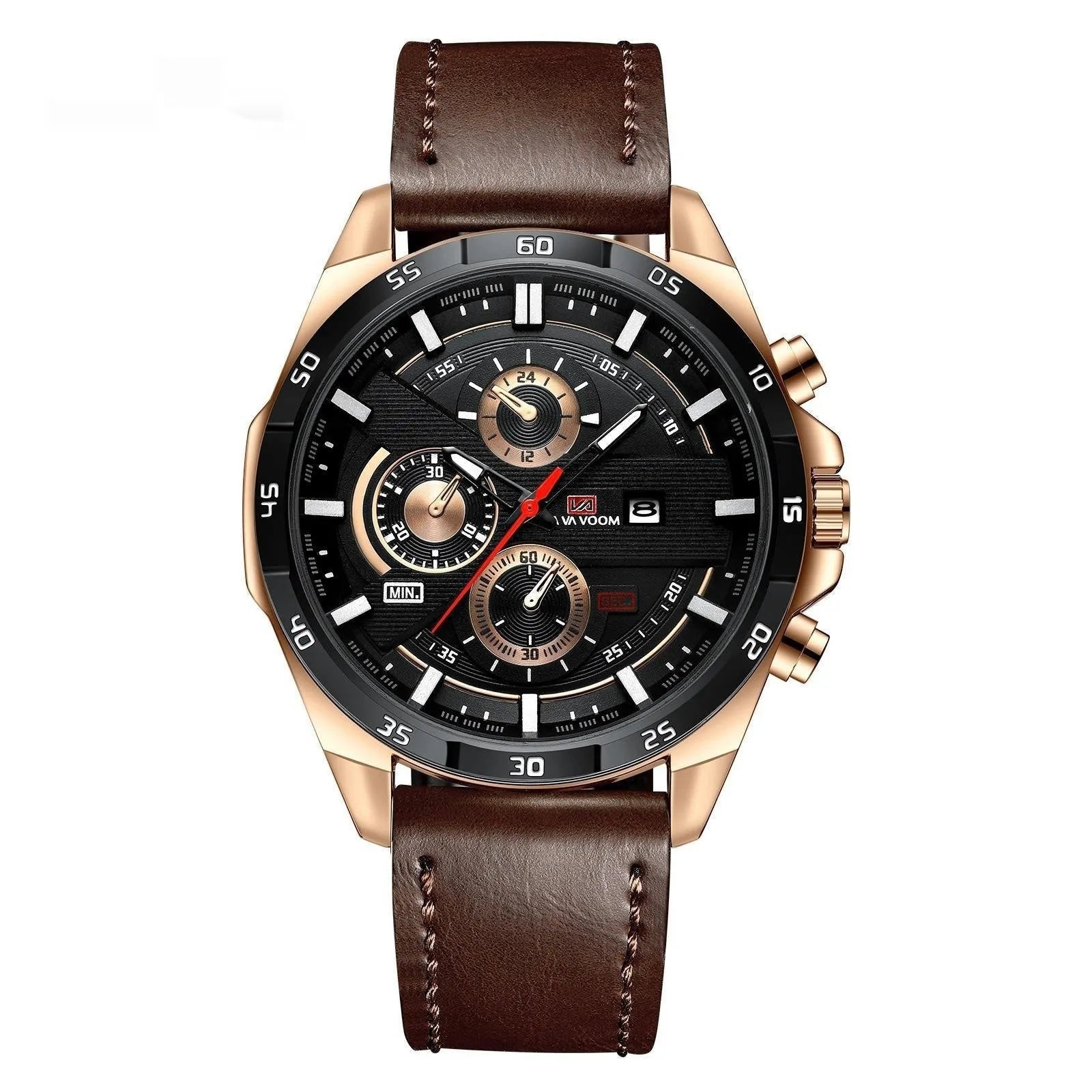 Men's casual quartz watch with business calendar on black leather strap and rose gold case.