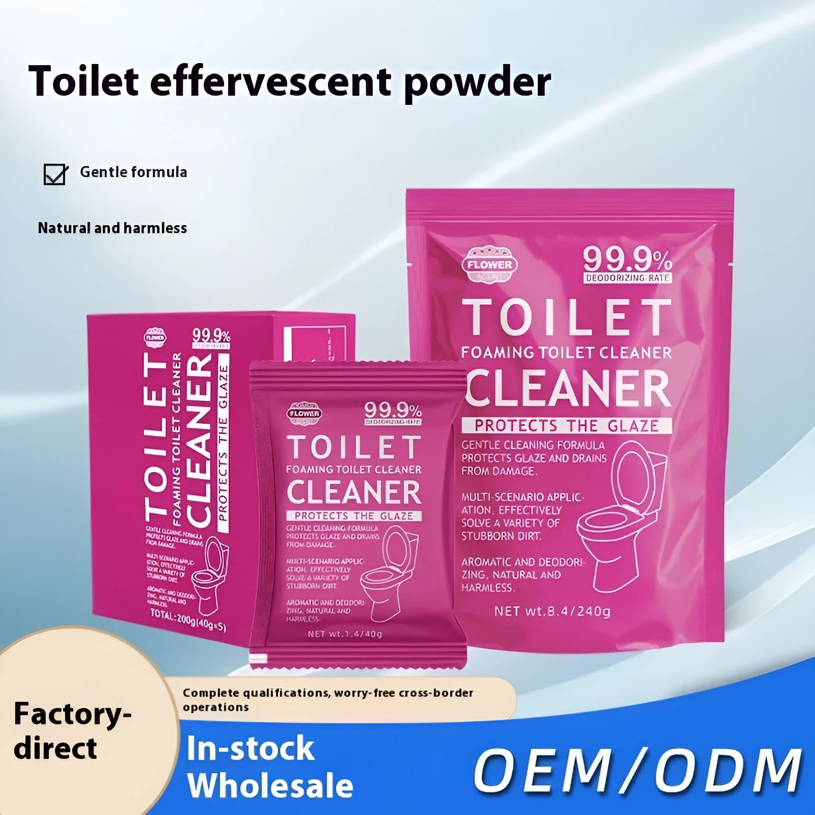 Toilet bubble powder in blue ocean and pink floral fragrances for descaling and anti-blocking
