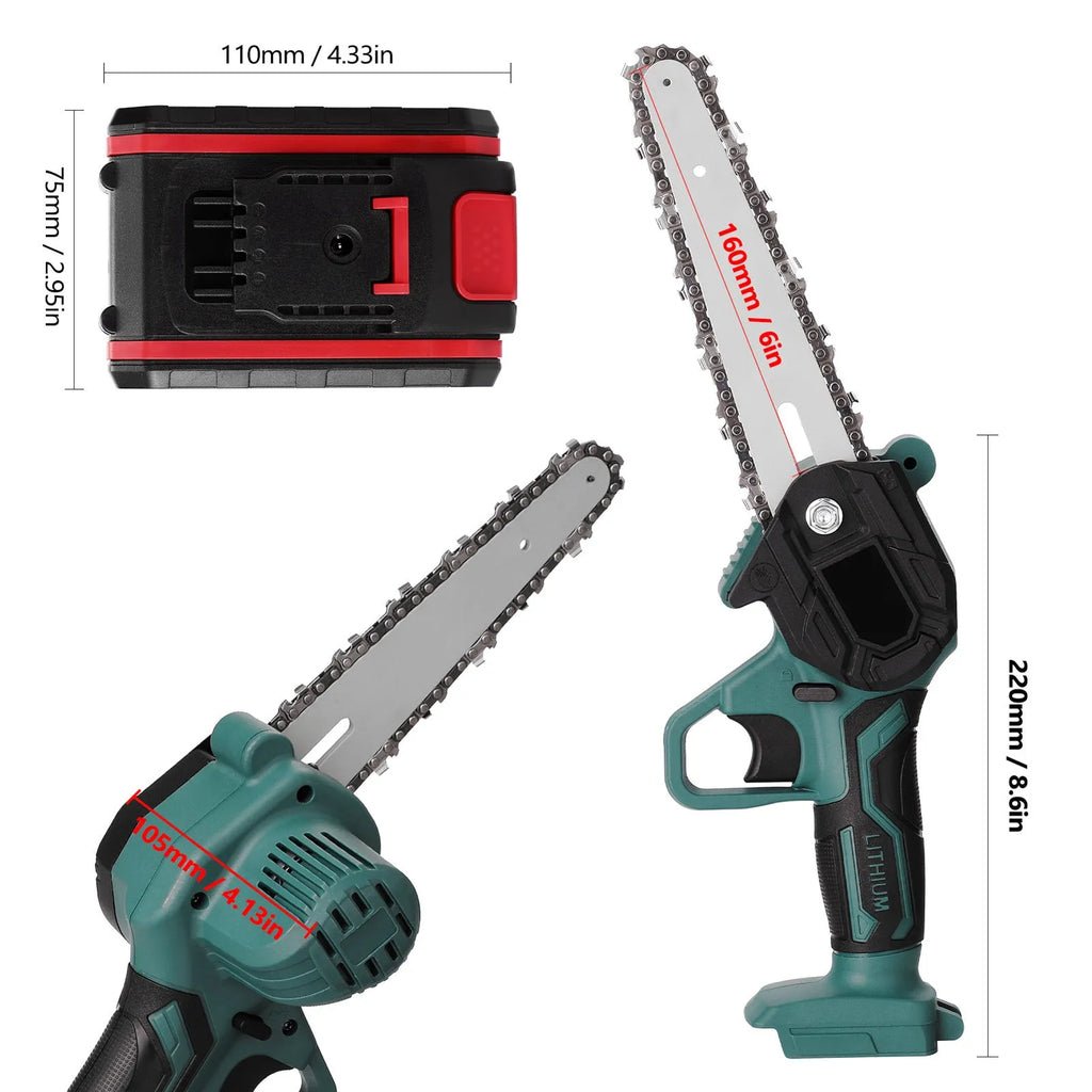 Black one-handed mini electric chainsaw with a 4-inch guide bar on a wooden surface.