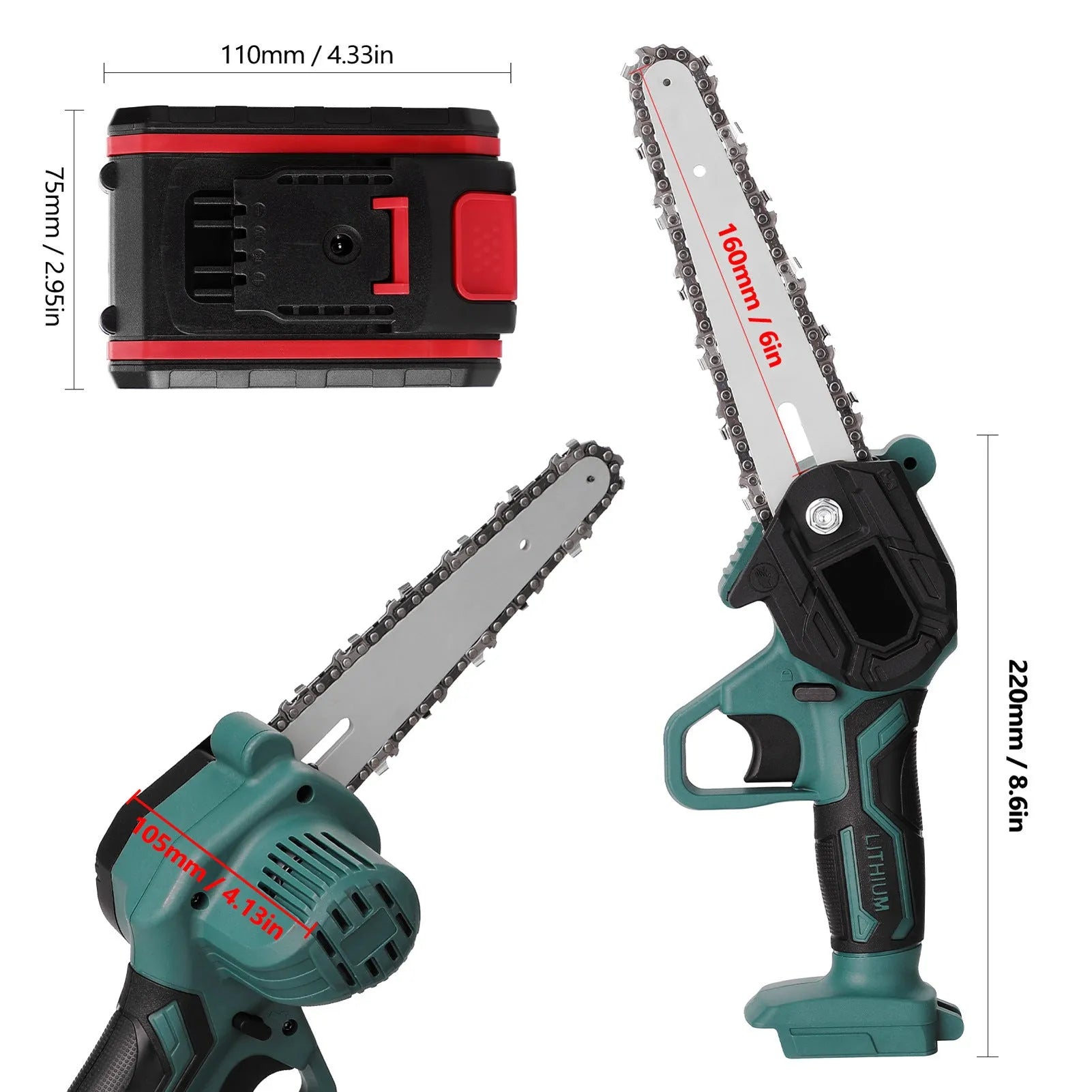 Black one-handed mini electric chainsaw with a 4-inch guide bar on a wooden surface.