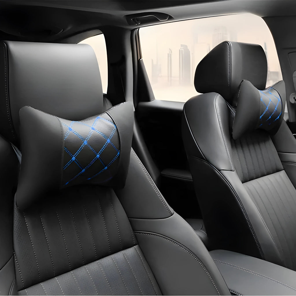 Black quilted diamond pattern car headrest pillow with coloured stitching for neck support.
