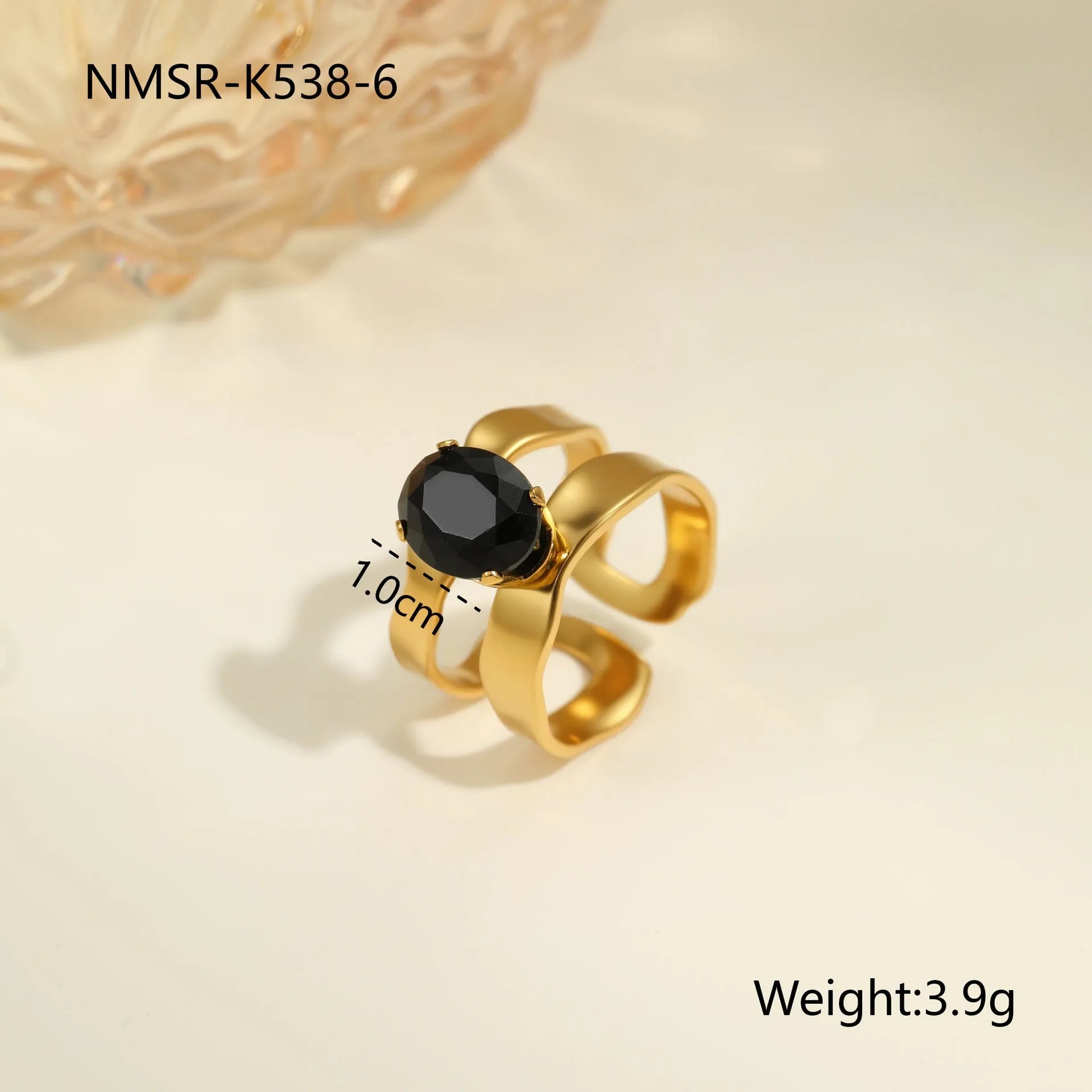 Geometric open-mouth titanium steel ring with zircon detail on adjustable band
