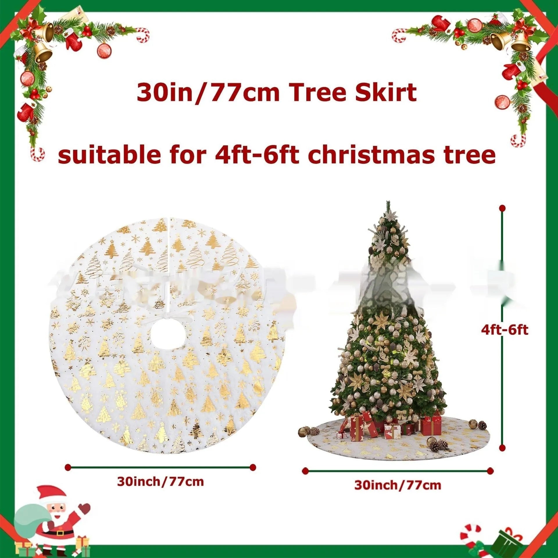 Plush red and green Christmas tree floor mat with snowflake design on a wooden floor.
