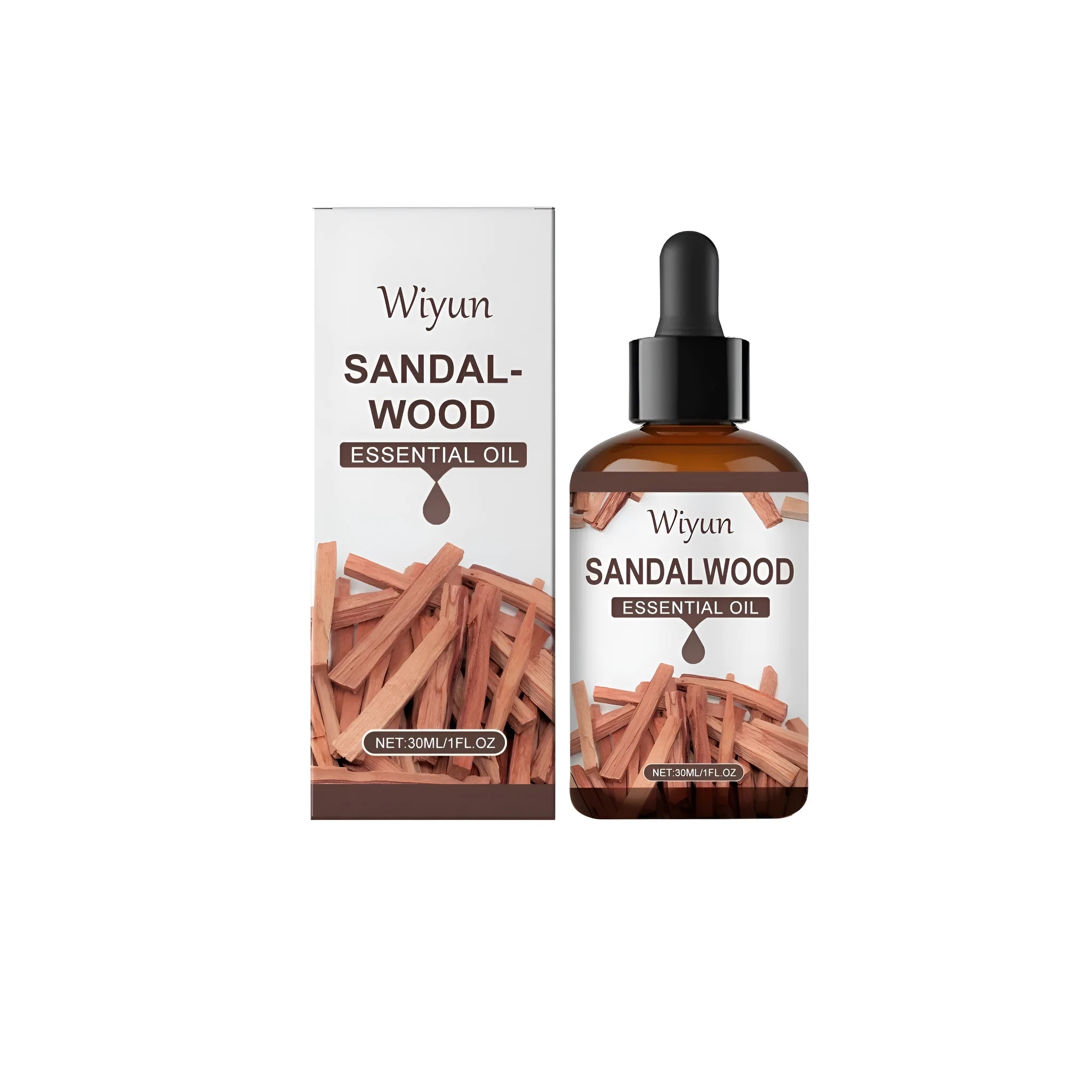 30ml glass bottle of sandalwood essential oil fragrance with a dropper.