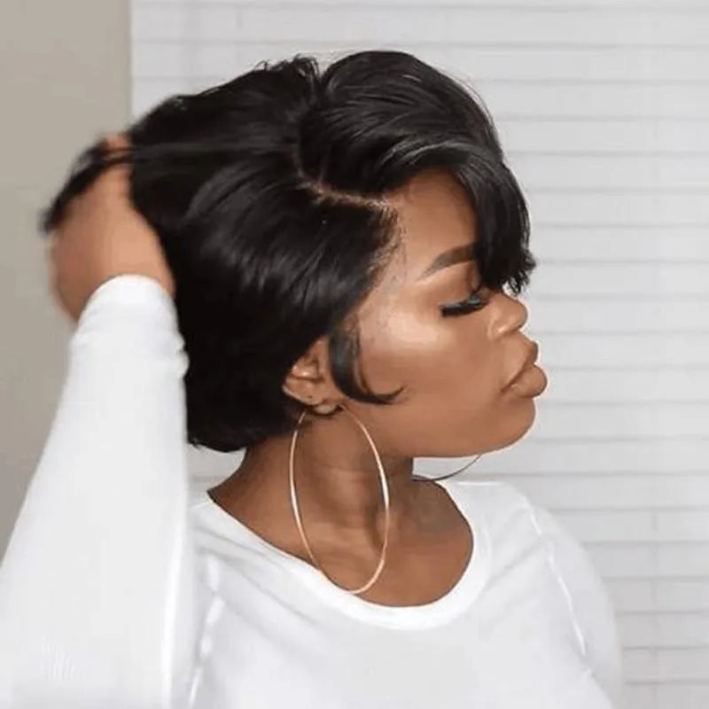 Short bob wig with lace frontal in black colour made from high temperature wire for hairstyle change