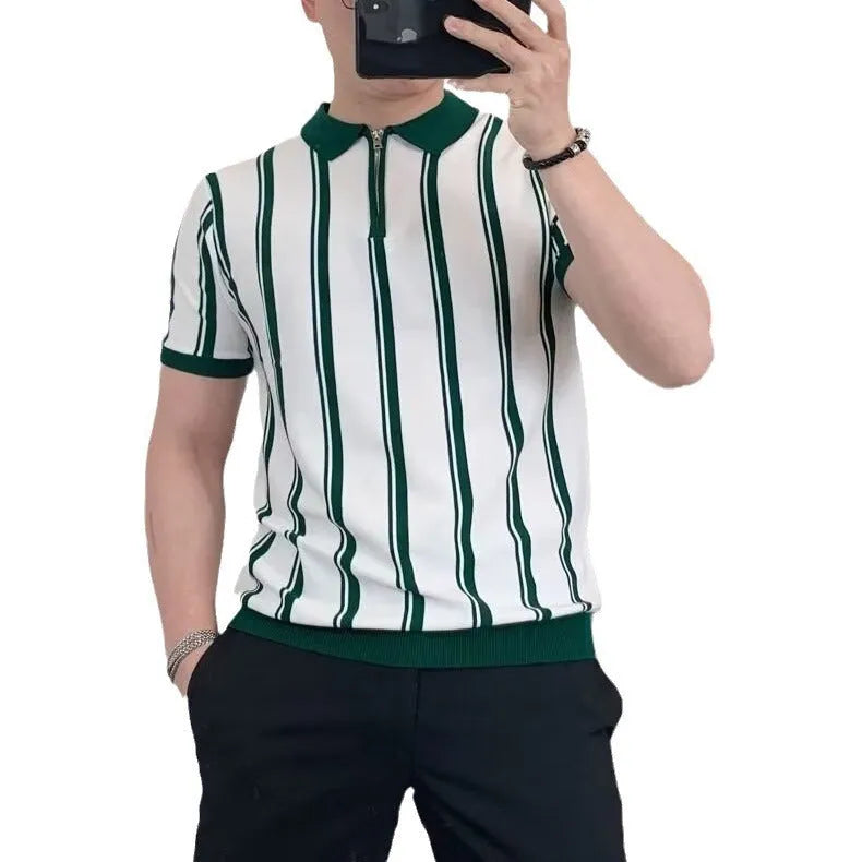 Korean style vintage stripe men's casual t-shirt with front zipper detail in black