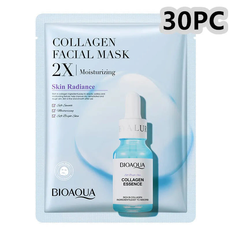 Collagen and Hyaluronic Acid facial sheet mask set with 30g gel formula on white background