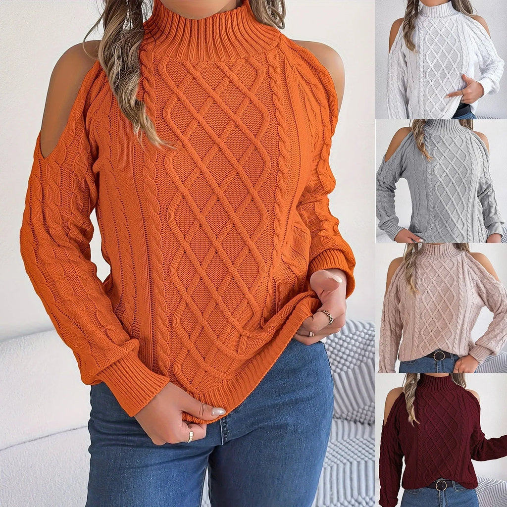 Gray women's strapless pullover sweater with a twist pattern detail and long lantern sleeves.