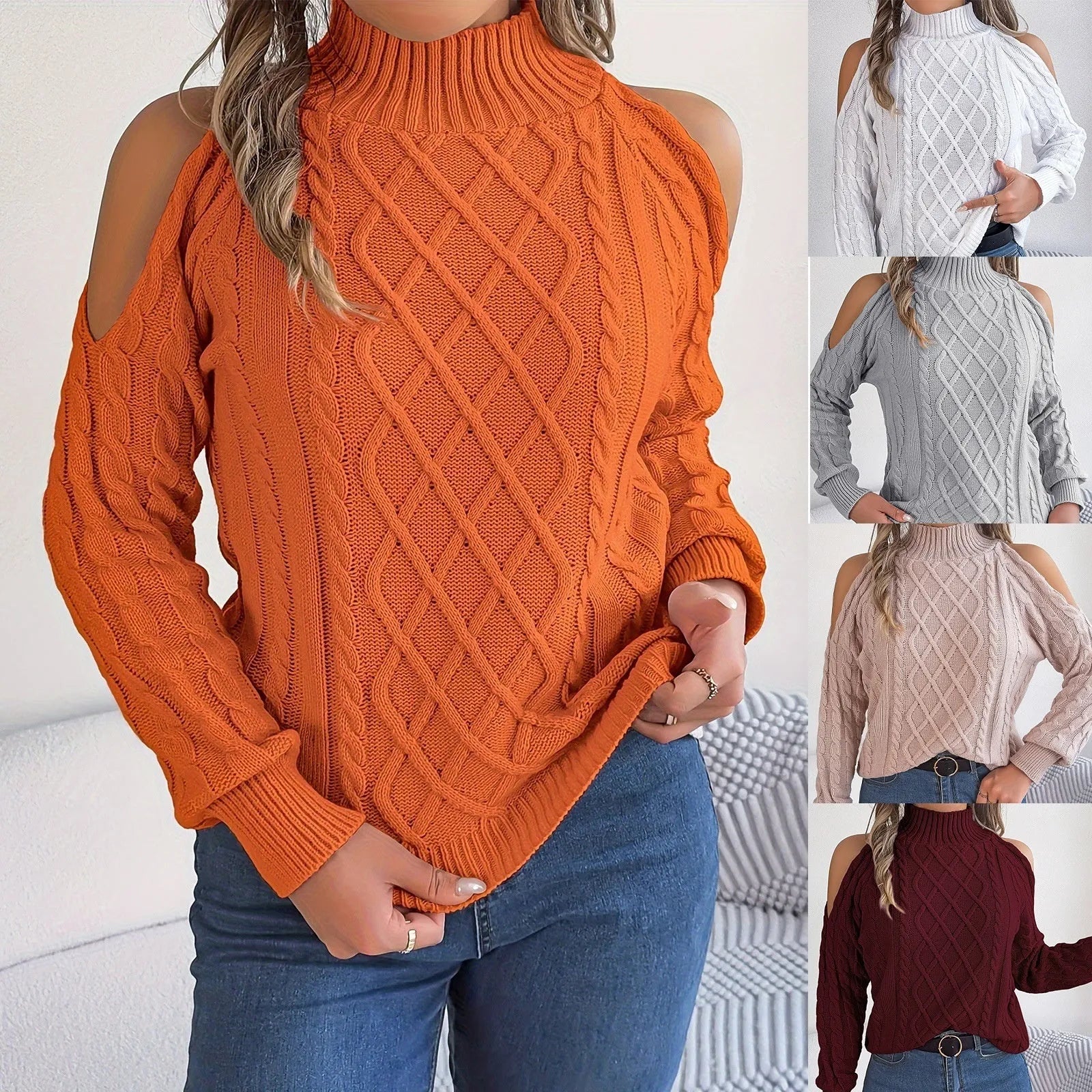 Gray women's strapless pullover sweater with a twist pattern detail and long lantern sleeves.