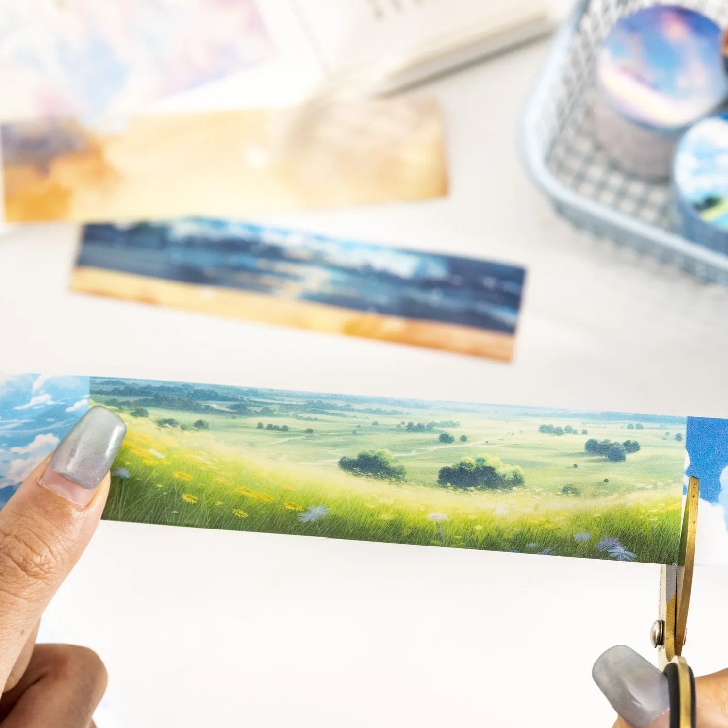 Japanese paper washi tape roll with celestial sky patterns including colourful clouds and twilight, 30mm width