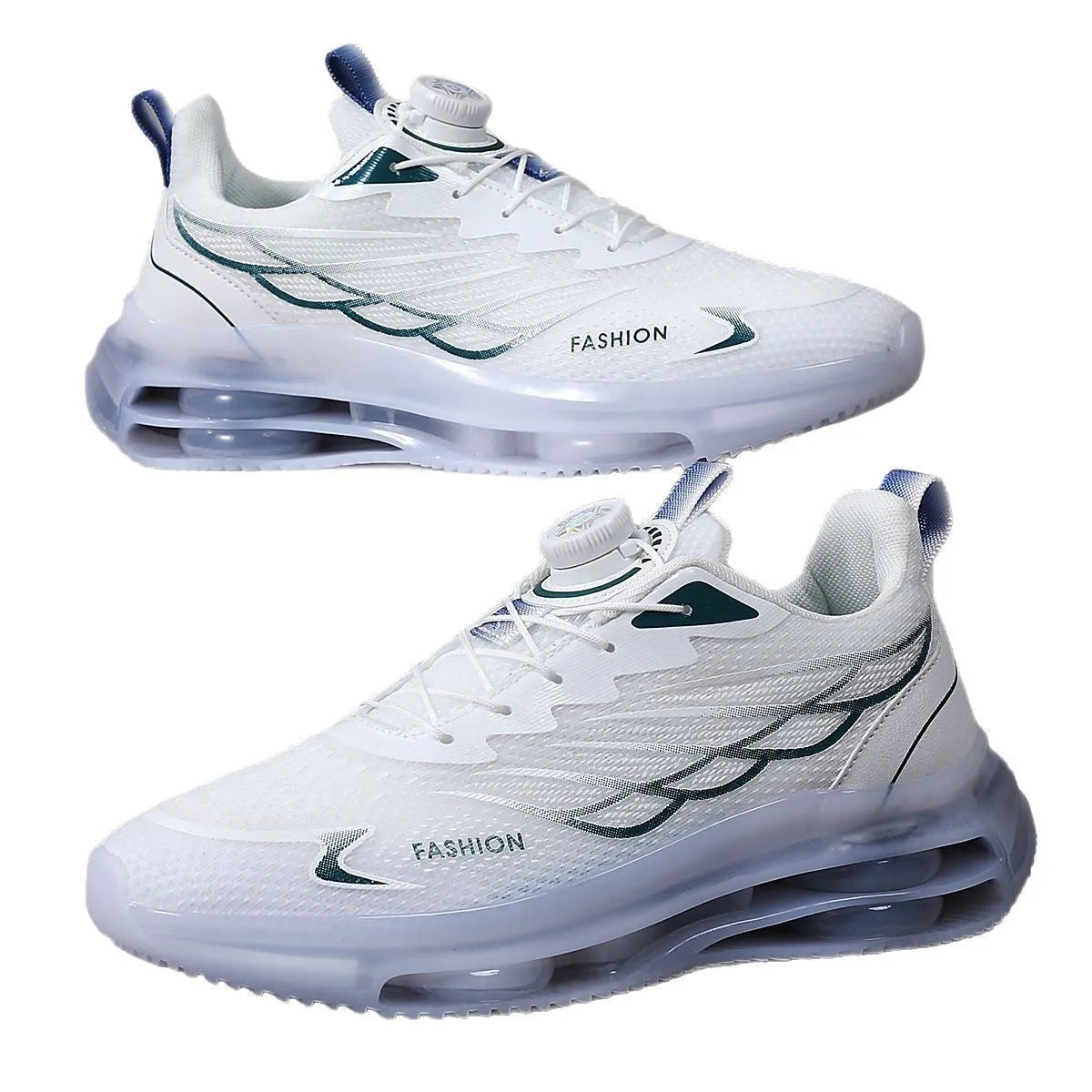 White men's casual running shoes with mesh upper, rotating button lace-up, and rubber sole.