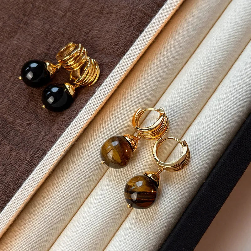 Gold plated tigereye geometric earrings for women in brown and black colours