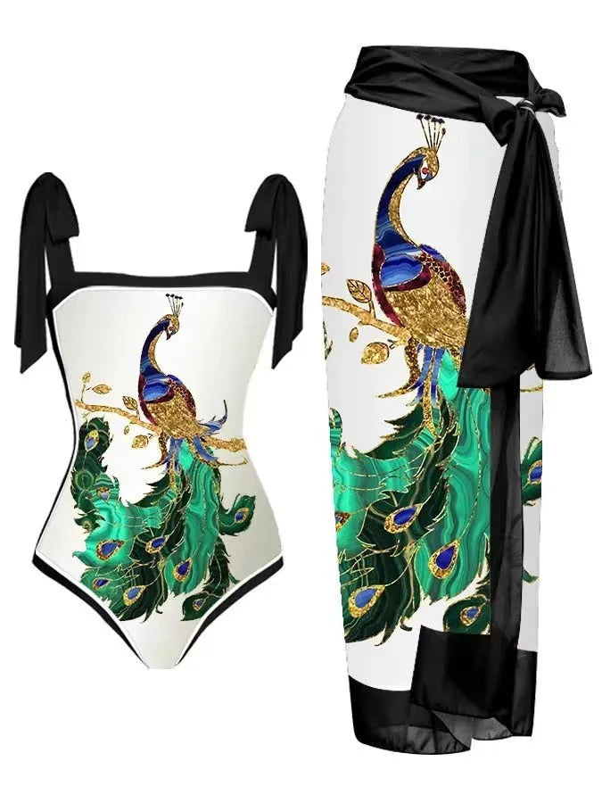 Women's floral print two-piece swimsuit with a sheer chiffon hip skirt, shown in one of the available colour variations.