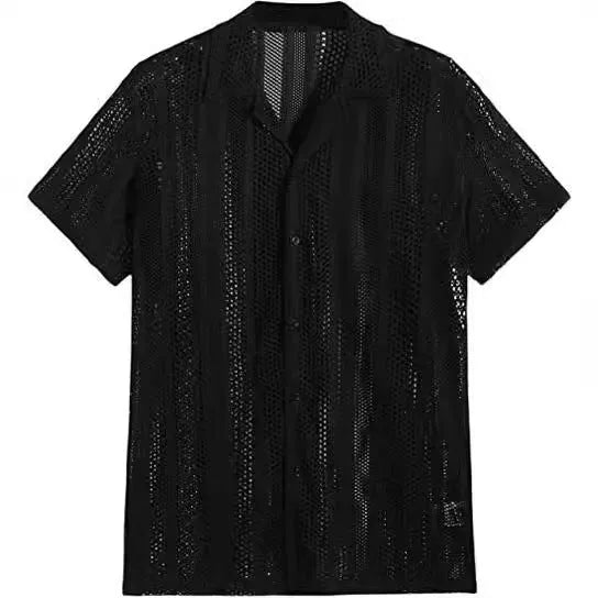 A man wearing a black jacquard-knit short-sleeved shirt in a street fashion cardigan style.