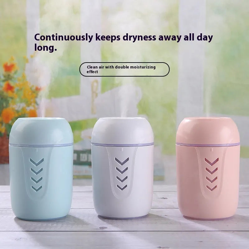 Round white portable air purifier with USB cable on a car dashboard