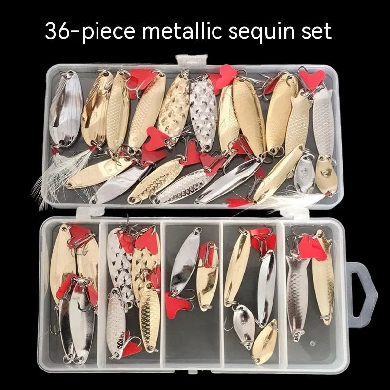 Fishing lure box with pineapple-shaped iron false baits and metal sequins in gold and silver colours