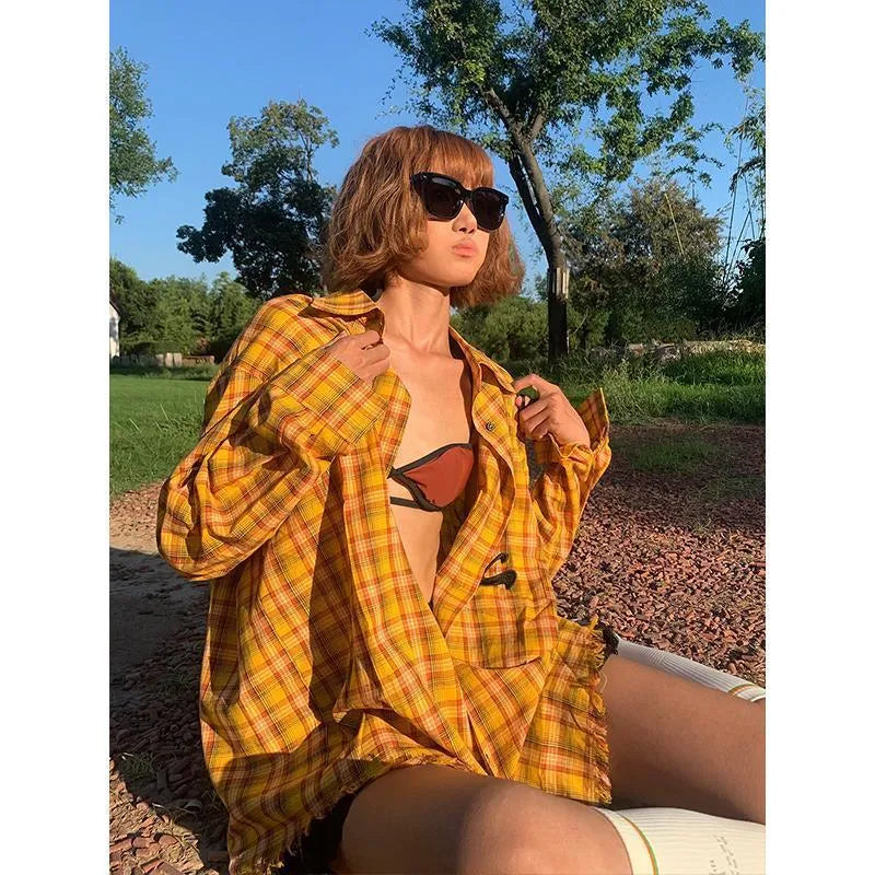 Dopamine yellow plaid shirt with loose cardigan style on hanger