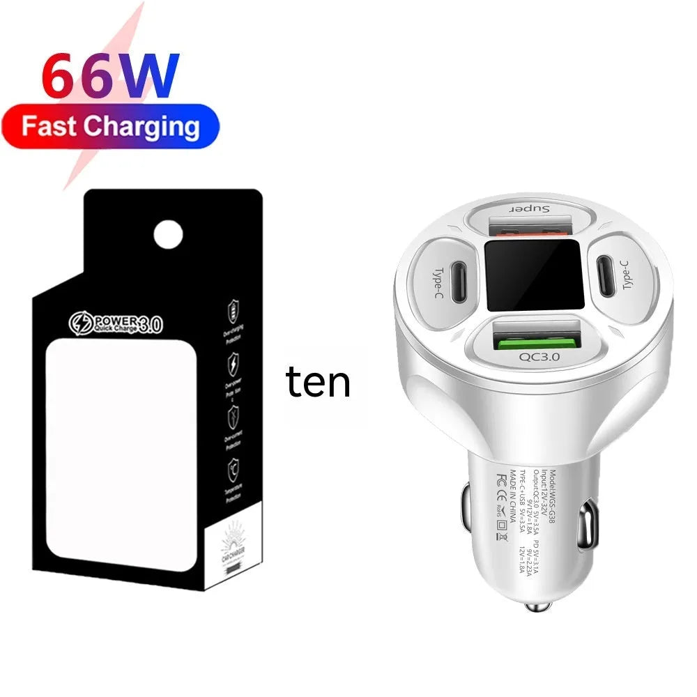 66W black and silver digital display car charger with two USB ports and two Type-C ports