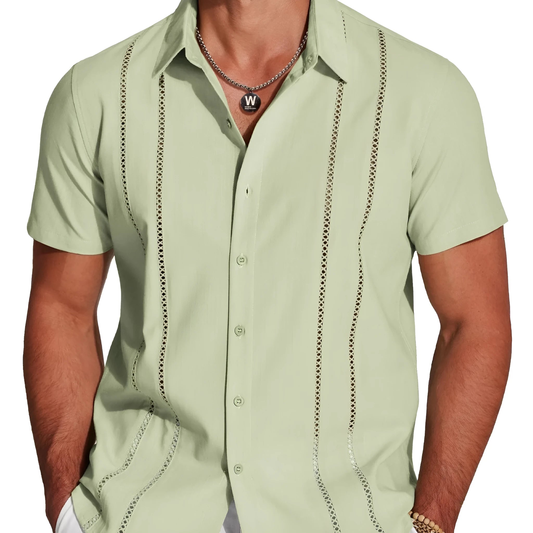 Men's slim fit Hawaiian shirt with digital print pattern and short sleeves showing elastic band construction