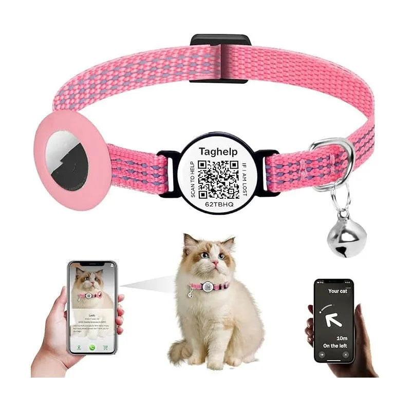 Black silicone pet collar with QR code pattern and reflective stripe for Apple Airtag holder