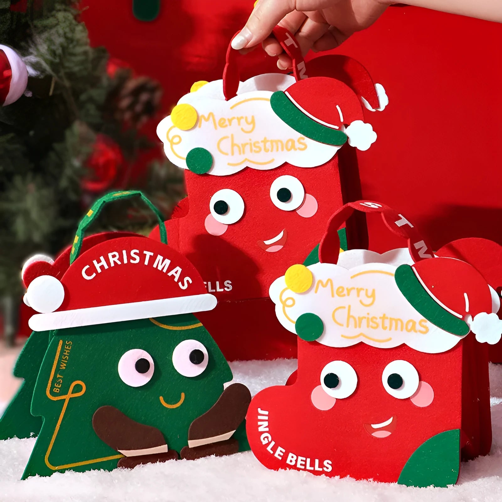 Christmas felt gift bag in green with cartoon design, reusable small gift packaging
