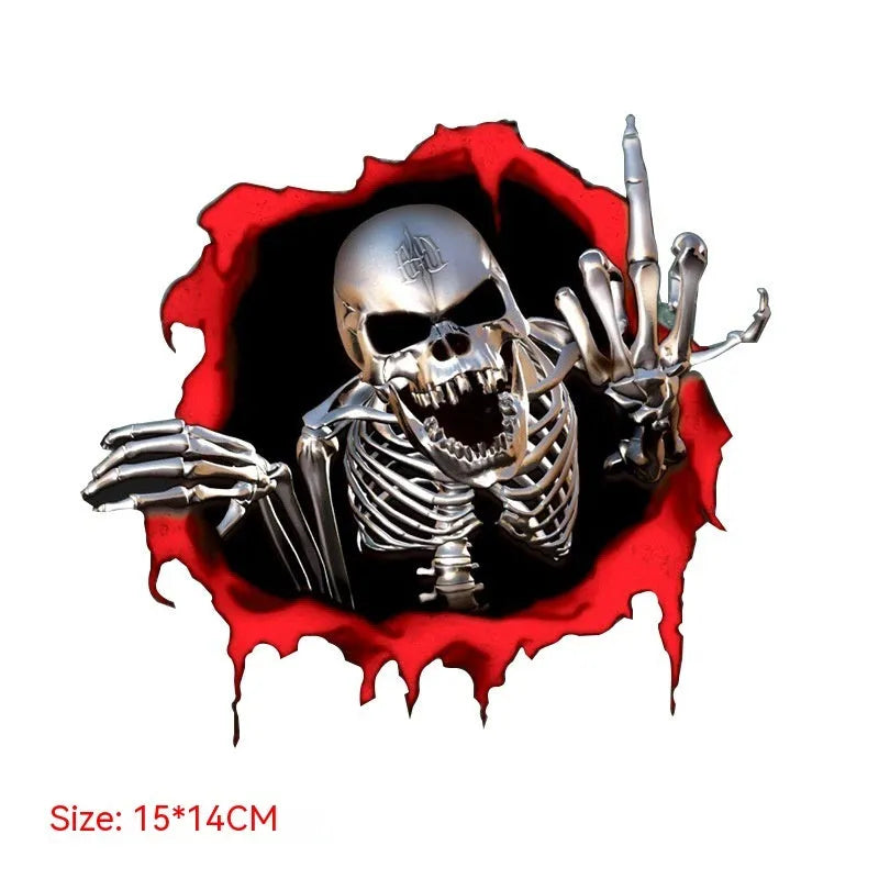Reflective metal skull car sticker with colourful broken shell design measuring 15x14cm