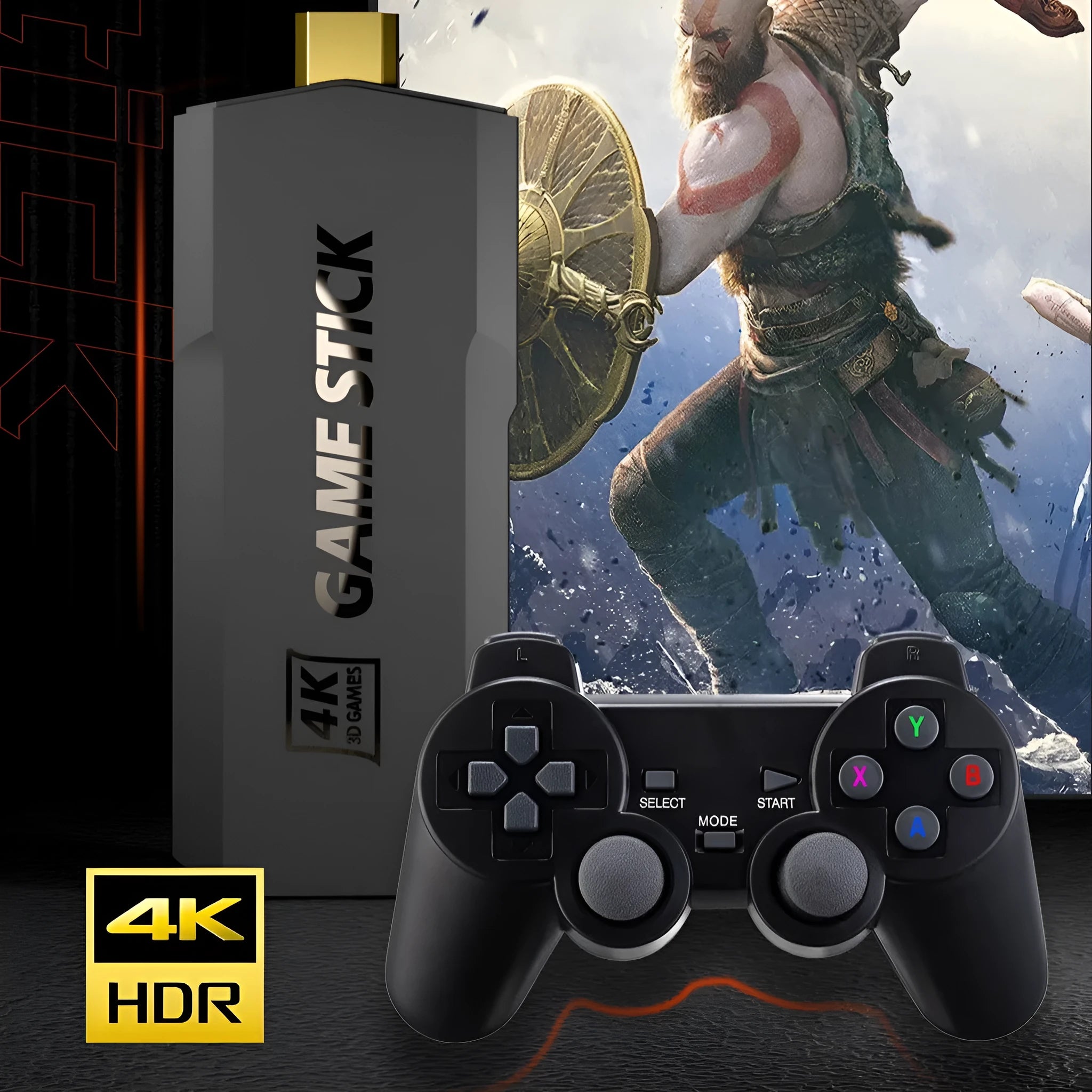 HD home TV game console with handheld controller and HDMI cable on television stand