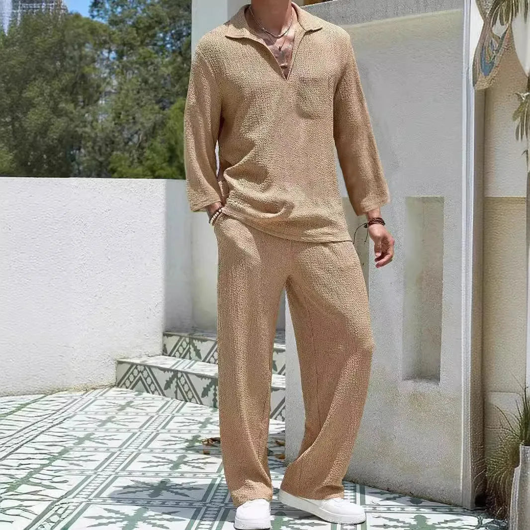 Men's casual polyester shirt and trousers set in lake blue, shown as a co-ordinated autumn leisure outfit.