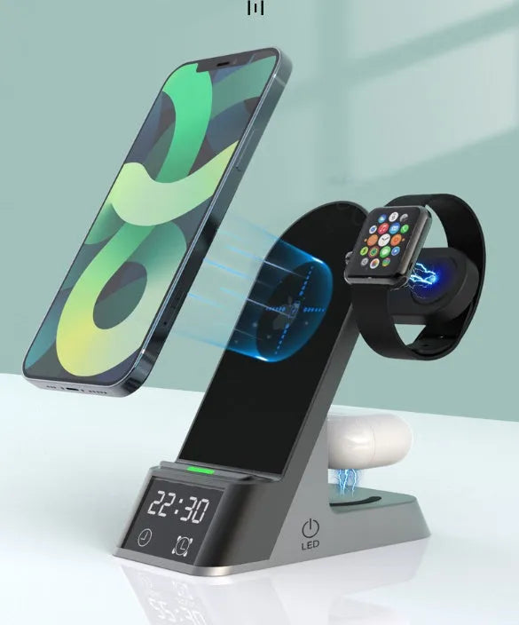 Black six-in-one wireless charging alarm clock station with digital display charging smartphone and Apple Watch