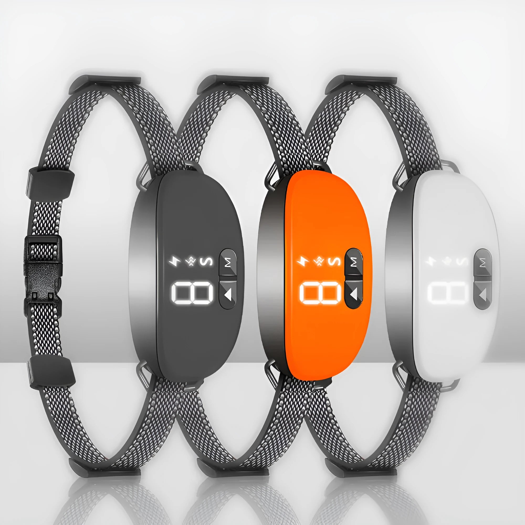 Bark Stopper plastic dog collar in black, orange, and white for barking prevention, pet supplies