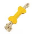 Bone-shaped dog chew toy with felt exterior showing rope knot texture inside, 16cm long in blue colour
