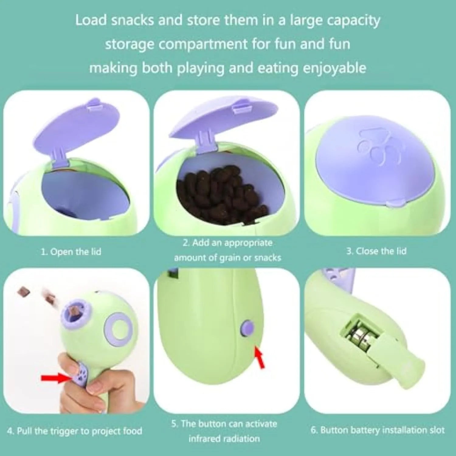 Green, orange or pink dog treat launcher toy measuring 15.5 cm with treat dispensing mechanism