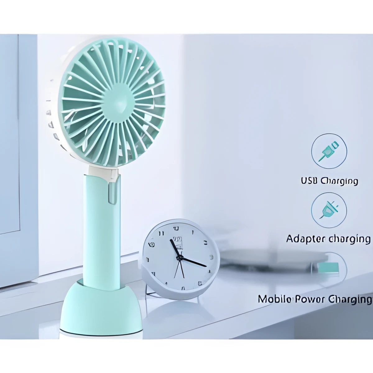 Blue mini handheld electric fan with USB cable showing three-speed control buttons