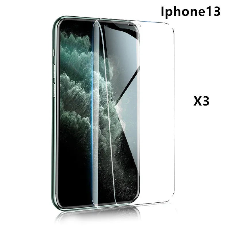 Tempered glass screen protector with 9H hardness for iPhone and Samsung phones.