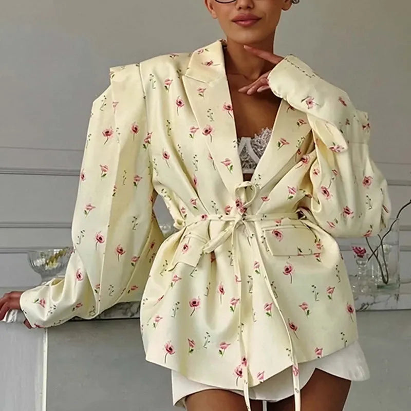 Suit jacket with lace-up collar and waist tie in polyester fabric with long sleeves
