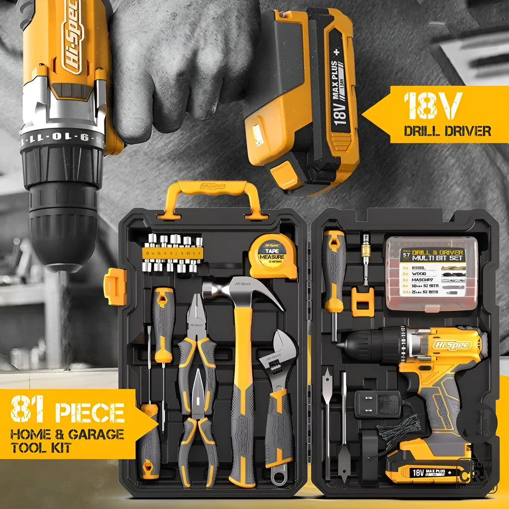 Grey yellow US style case open to show 82-piece chrome-vanadium steel home repair tool set