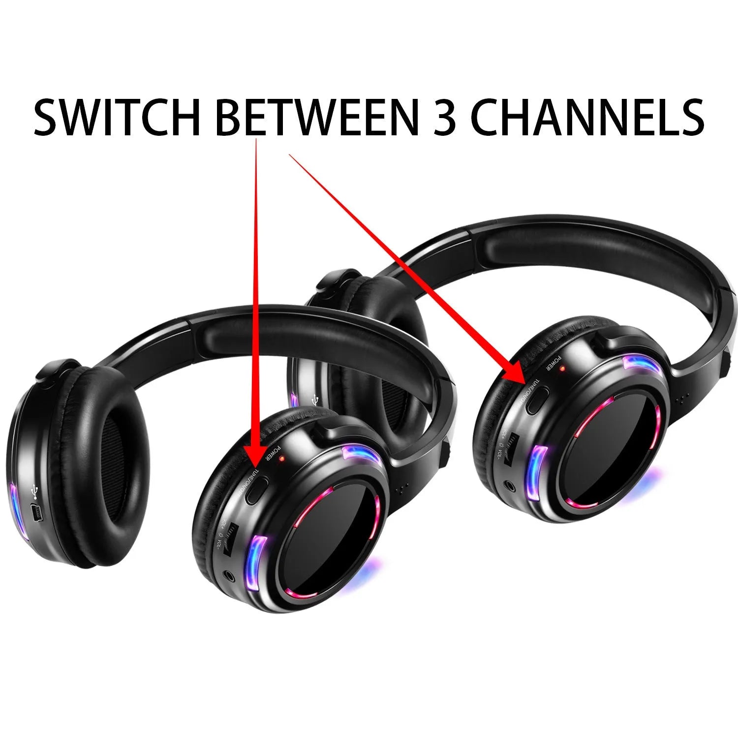 Black silent disco wireless headphones with over-ear design and 3.5mm audio jack on 3 metre cable