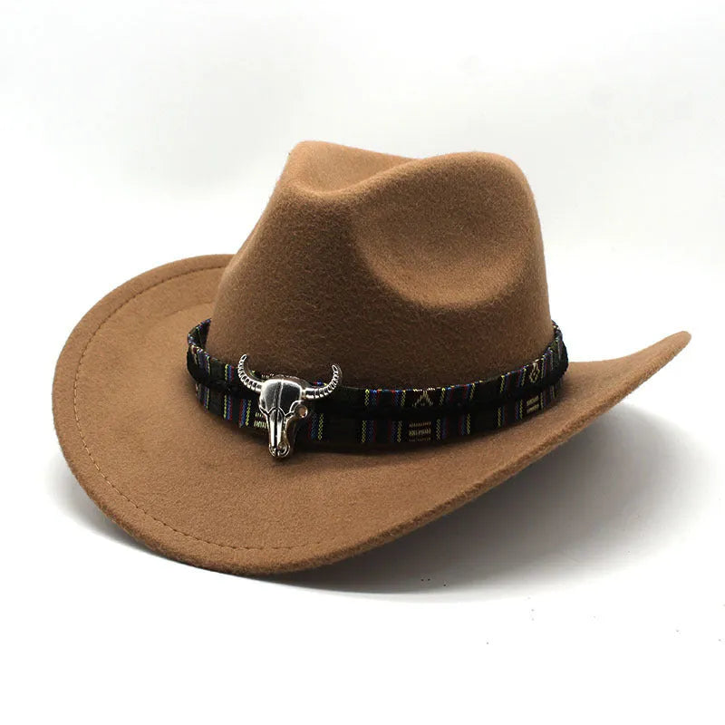 A Western-style bell crown cowboy hat on a stand, shown in an army green colour.