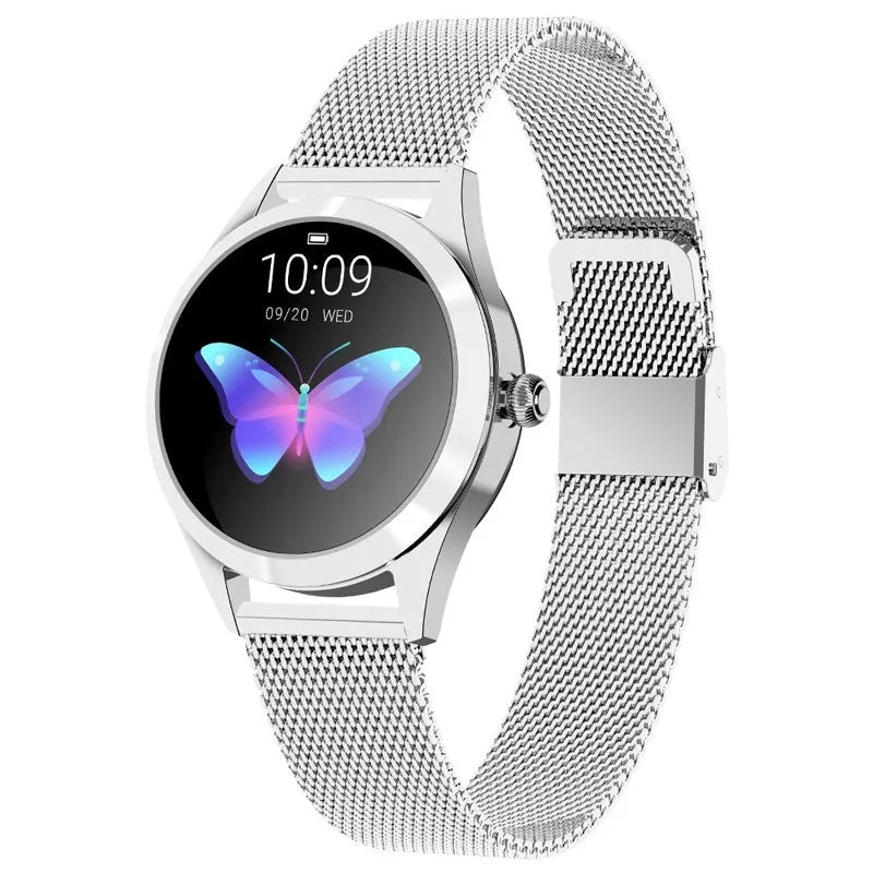 Women's multi-function smartwatch with heart rate monitor on wrist in black, rose gold, silver, or white.