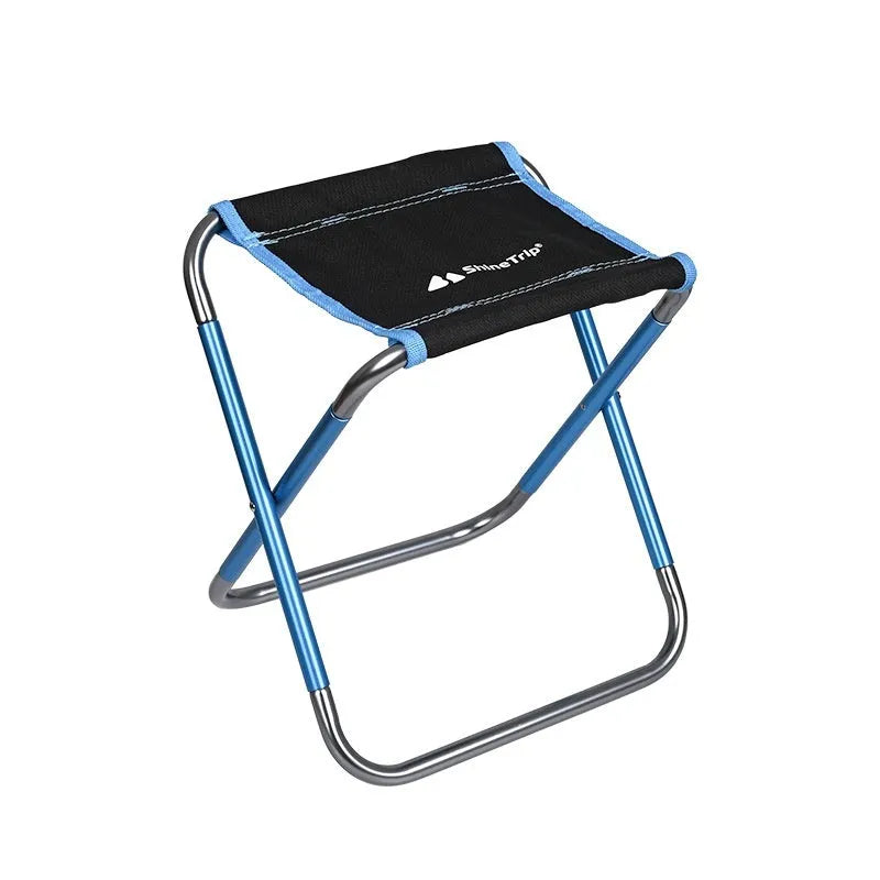 Black aluminium alloy folding camping stool in train-style design for outdoor use