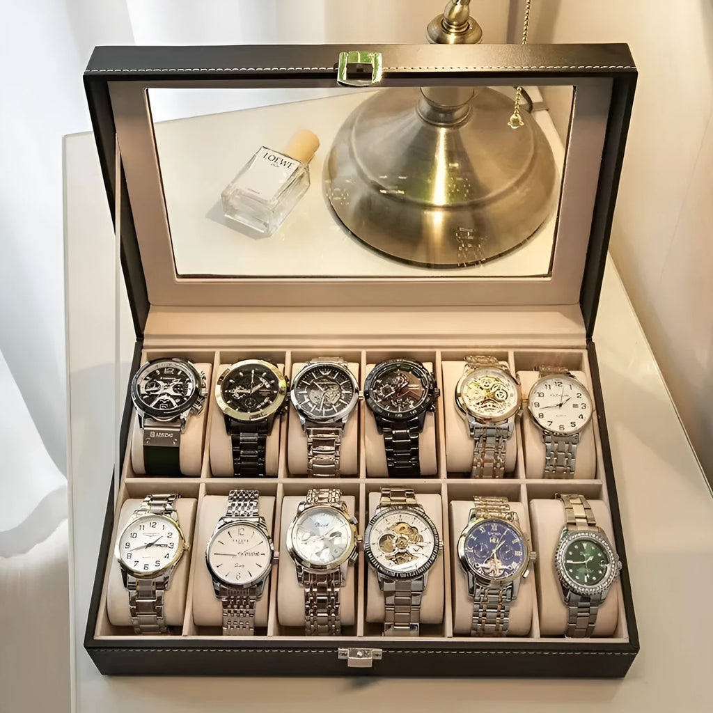 Grey high-grade leather watch storage box with dustproof see-through lid showing multiple watch compartments