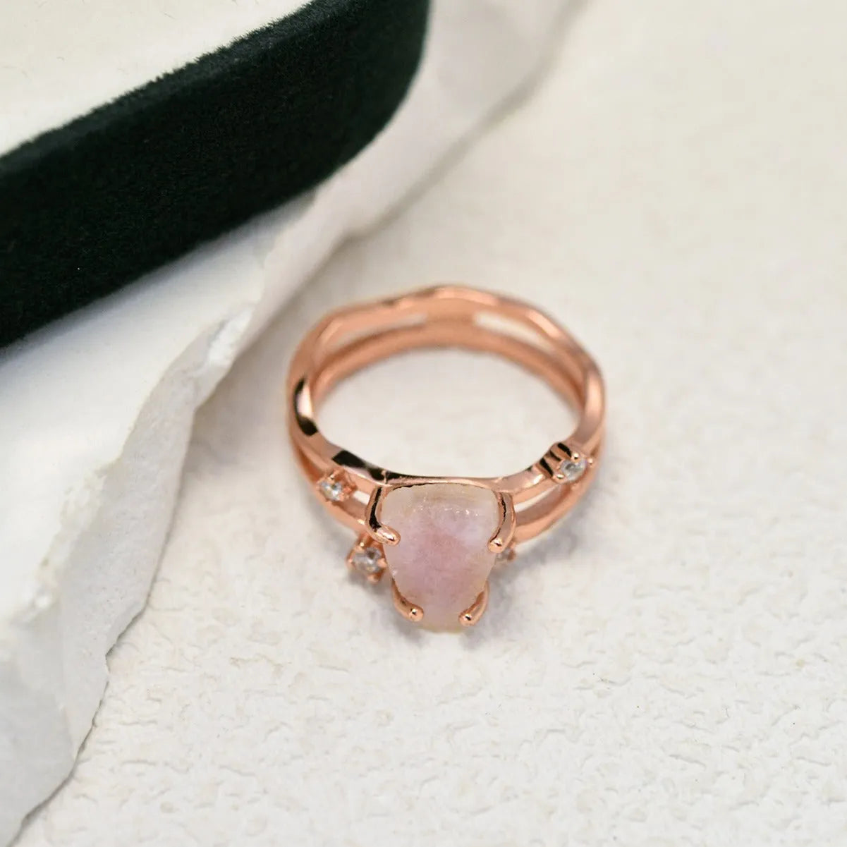 S925 sterling silver geometric triangle moonstone ring in rose gold, white gold, and yellow gold plating.