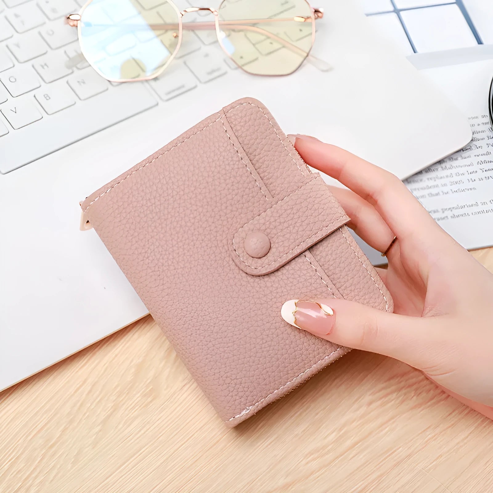 Ladies' short wallet with lychee pattern texture in 2-fold design, available in four colours